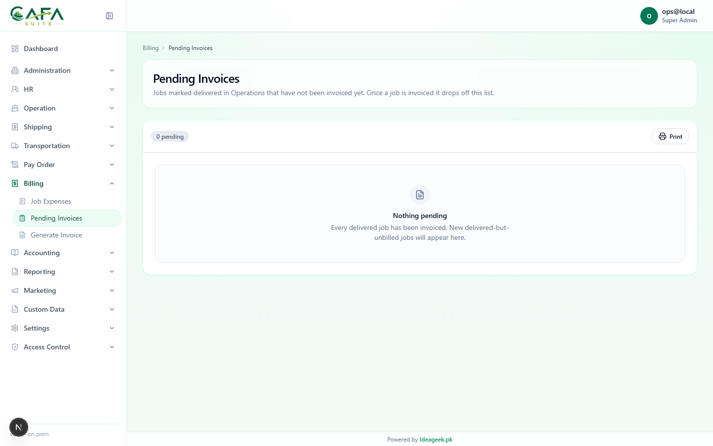 Pending invoices